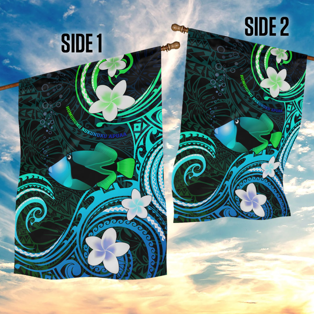 Hawaii Humuhumu Reef Triggerfish Garden Flag Turquoise With Plumeria LT05 - Polynesian Pride