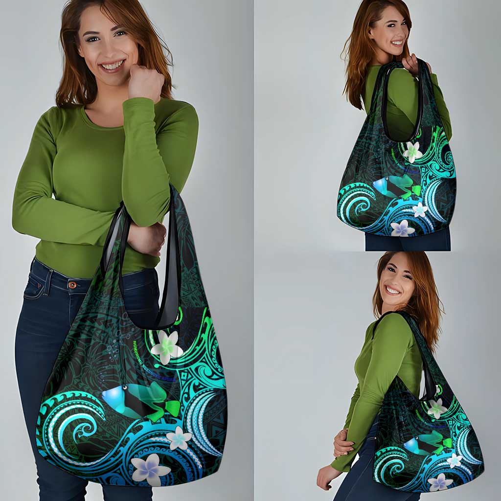 Hawaii Humuhumu Reef Triggerfish Grocery Bag Turquoise With Plumeria
