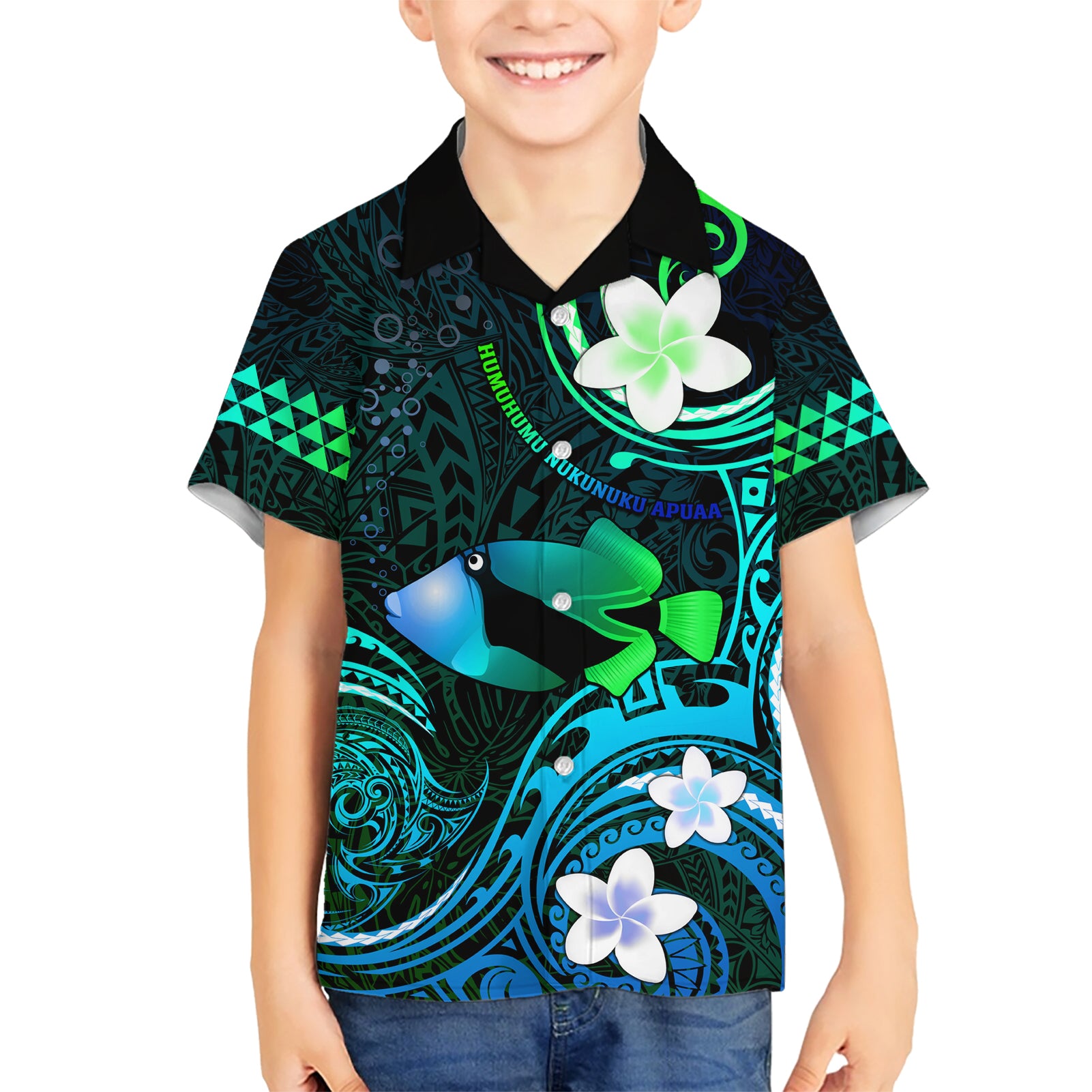 Personalised Hawaii Humuhumu Reef Triggerfish Kid Hawaiian Shirt Turquoise With Plumeria LT05 Kid Turquoise - Polynesian Pride
