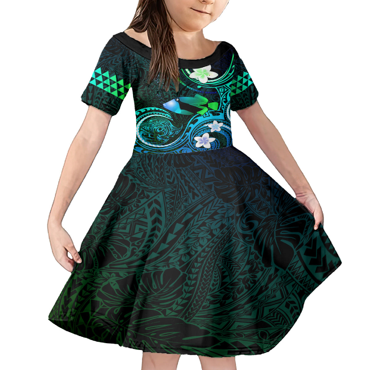 Personalised Hawaii Humuhumu Reef Triggerfish Kid Short Sleeve Dress Turquoise With Plumeria LT05 KID Turquoise - Polynesian Pride