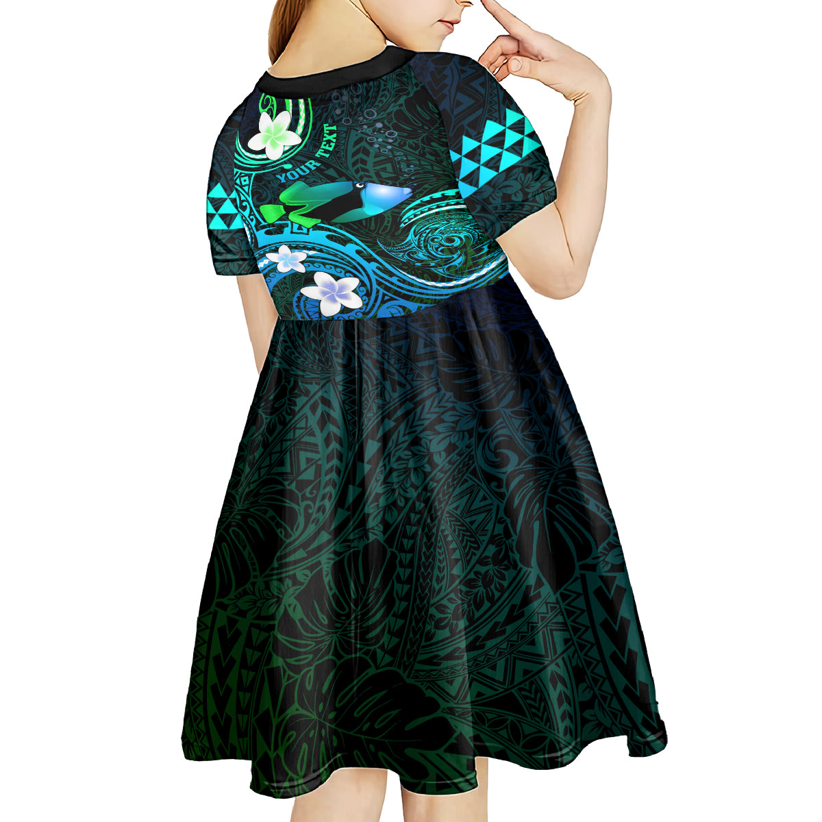 Personalised Hawaii Humuhumu Reef Triggerfish Kid Short Sleeve Dress Turquoise With Plumeria LT05 - Polynesian Pride