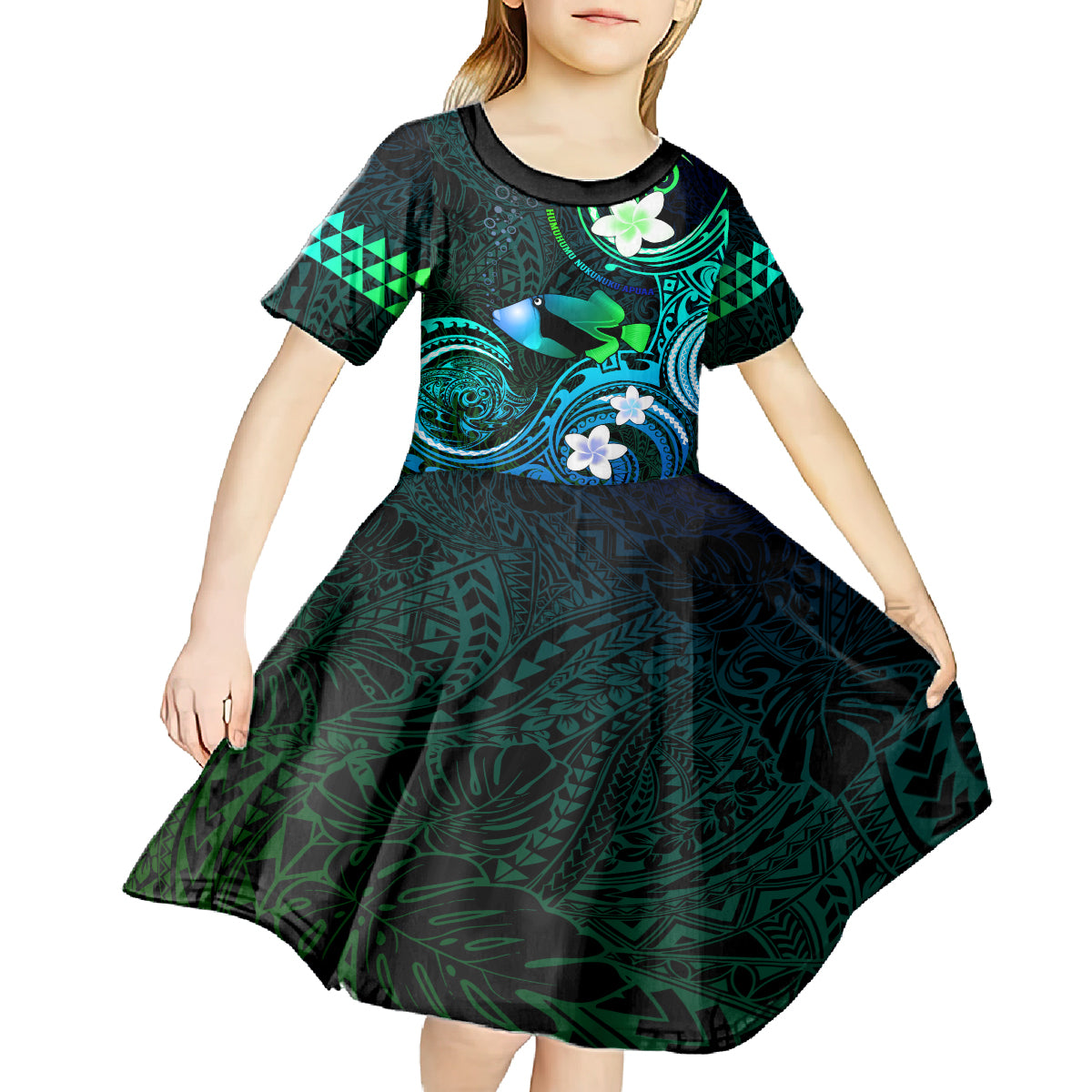 Personalised Hawaii Humuhumu Reef Triggerfish Kid Short Sleeve Dress Turquoise With Plumeria LT05 - Polynesian Pride