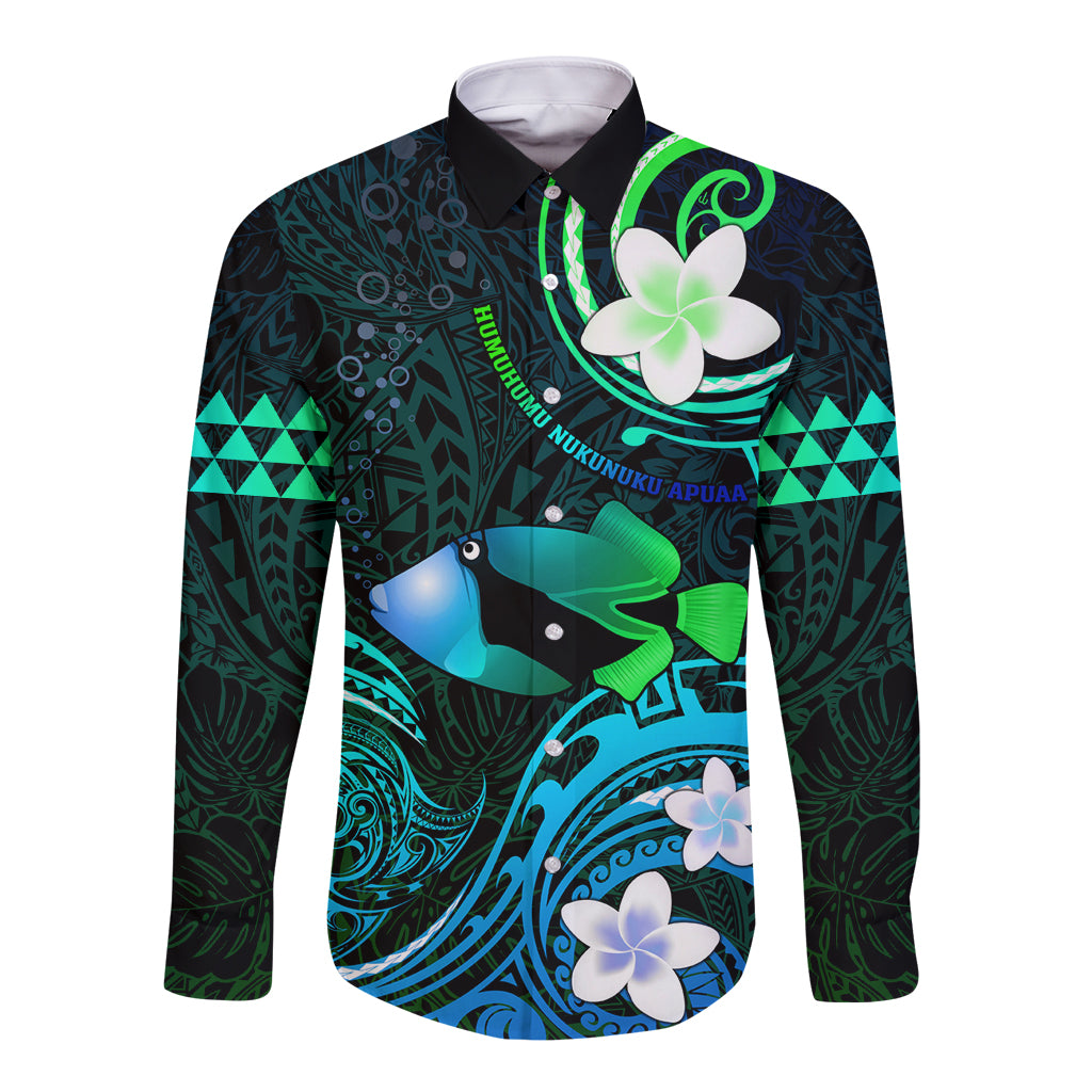 Personalised Hawaii Humuhumu Reef Triggerfish Long Sleeve Button Shirt Turquoise With Plumeria LT05 Unisex Turquoise - Polynesian Pride