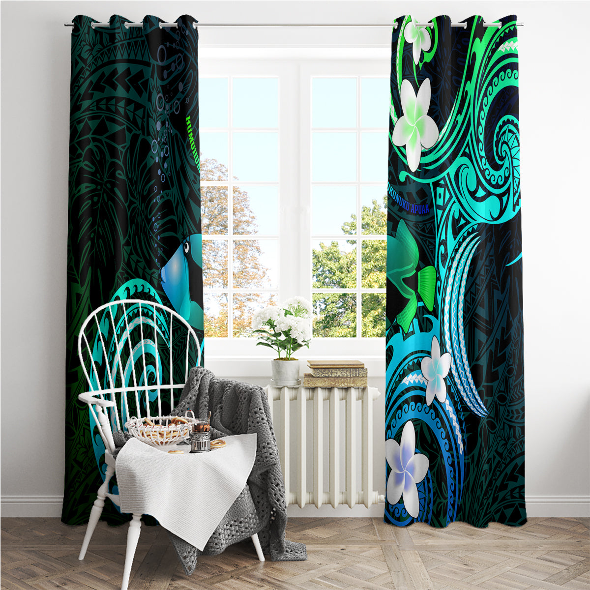 Hawaii Humuhumu Reef Triggerfish Window Curtain Turquoise With Plumeria LT05 - Polynesian Pride