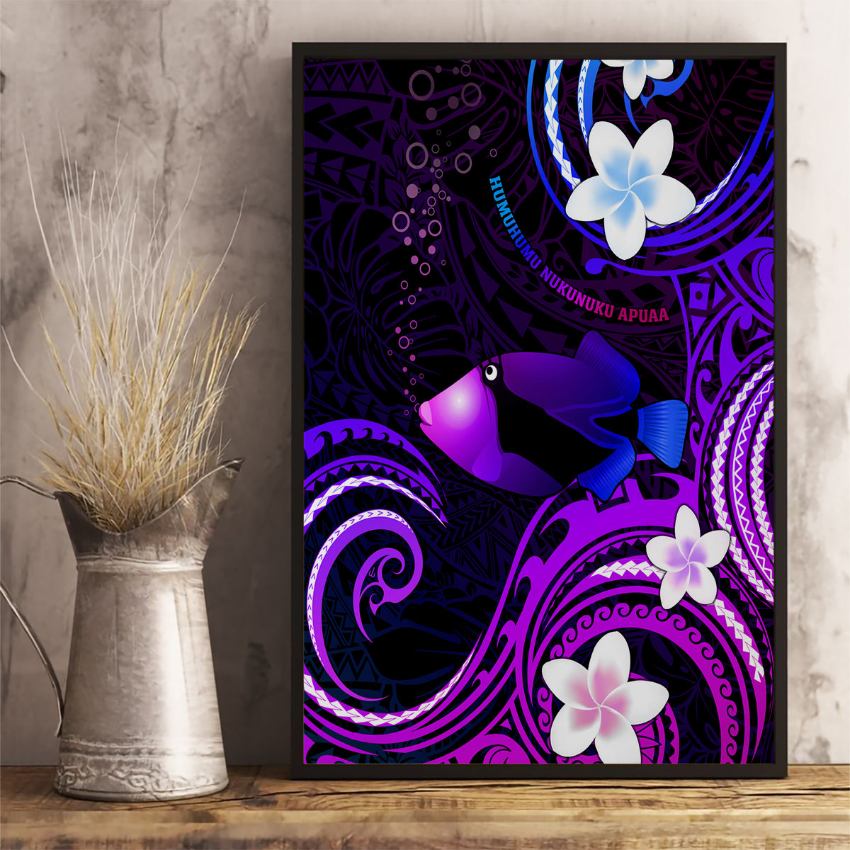 Hawaii Humuhumu Reef Triggerfish Canvas Wall Art Violet With Plumeria LT05 - Polynesian Pride