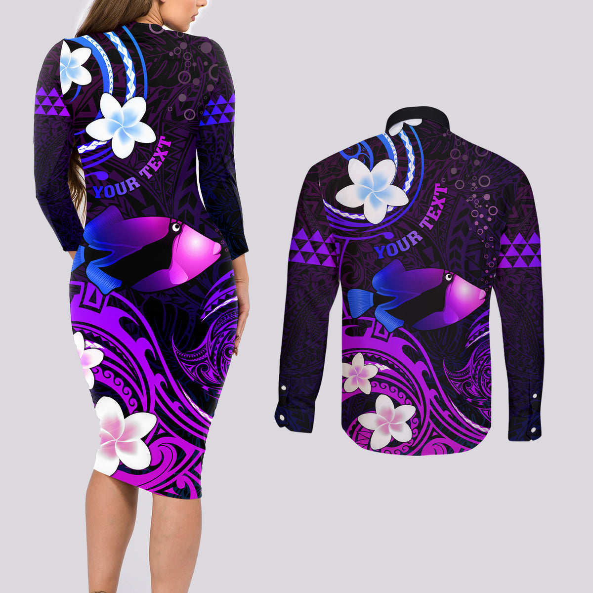 Personalised Hawaii Humuhumu Reef Triggerfish Couples Matching Long Sleeve Bodycon Dress and Long Sleeve Button Shirt Violet With Plumeria LT05 - Polynesian Pride