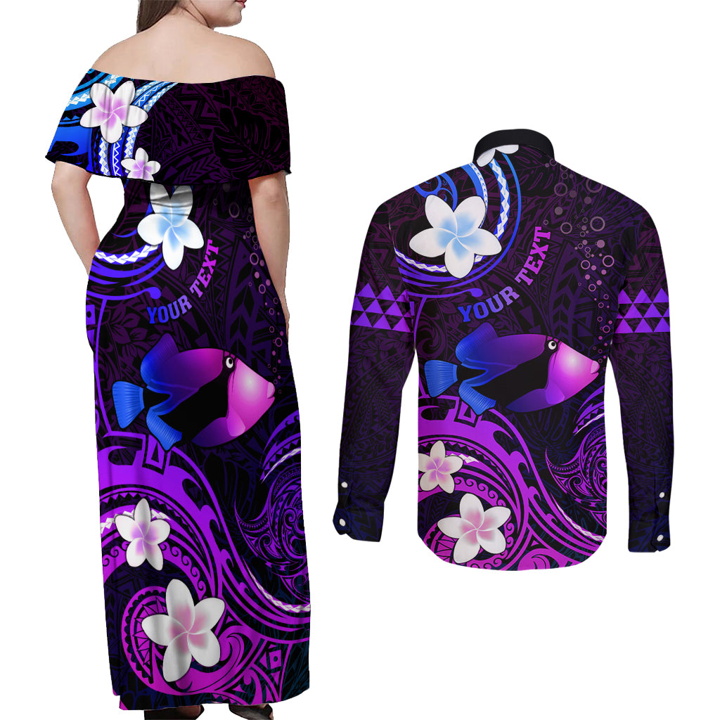 Personalised Hawaii Humuhumu Reef Triggerfish Couples Matching Off Shoulder Maxi Dress and Long Sleeve Button Shirt Violet With Plumeria LT05 - Polynesian Pride