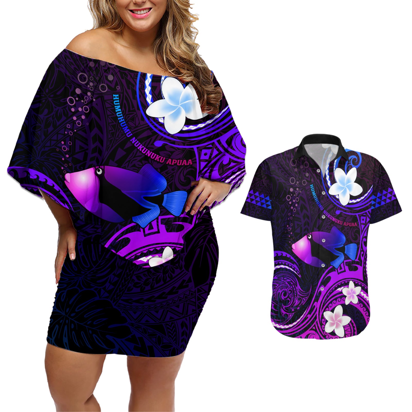 Personalised Hawaii Humuhumu Reef Triggerfish Couples Matching Off Shoulder Short Dress and Hawaiian Shirt Violet With Plumeria LT05 Violet - Polynesian Pride