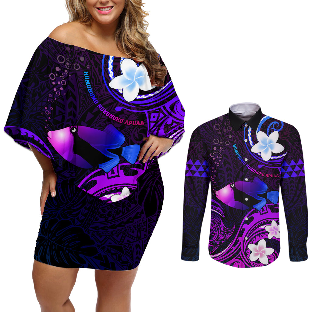 Personalised Hawaii Humuhumu Reef Triggerfish Couples Matching Off Shoulder Short Dress and Long Sleeve Button Shirt Violet With Plumeria LT05 Violet - Polynesian Pride