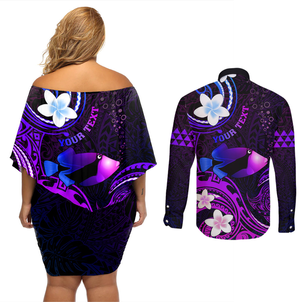 Personalised Hawaii Humuhumu Reef Triggerfish Couples Matching Off Shoulder Short Dress and Long Sleeve Button Shirt Violet With Plumeria LT05 - Polynesian Pride