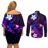 Personalised Hawaii Humuhumu Reef Triggerfish Couples Matching Off Shoulder Short Dress and Long Sleeve Button Shirt Violet With Plumeria LT05 - Polynesian Pride