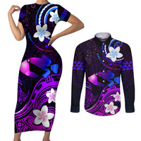 Personalised Hawaii Humuhumu Reef Triggerfish Couples Matching Short Sleeve Bodycon Dress and Long Sleeve Button Shirt Violet With Plumeria LT05 Violet - Polynesian Pride