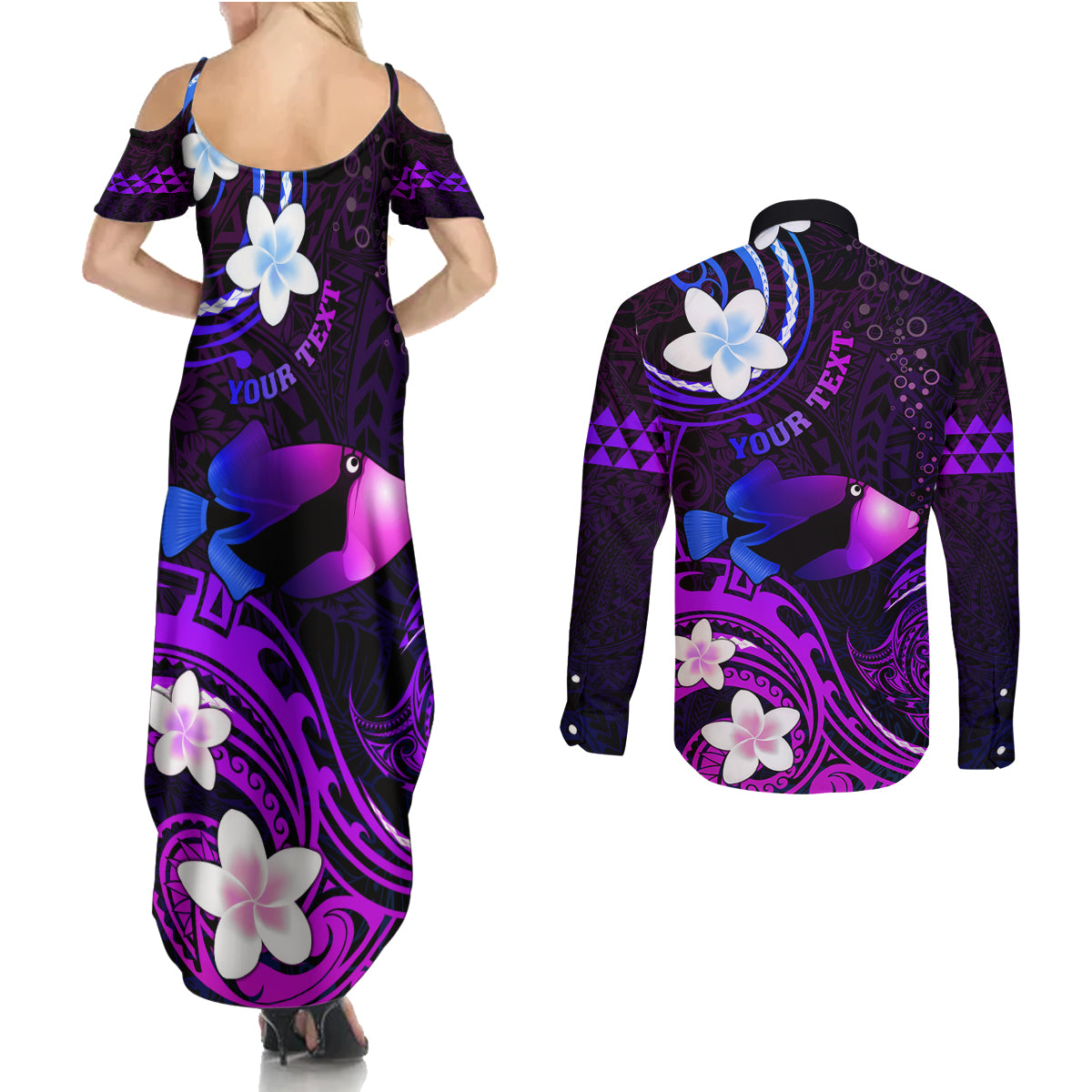 Personalised Hawaii Humuhumu Reef Triggerfish Couples Matching Summer Maxi Dress and Long Sleeve Button Shirt Violet With Plumeria LT05 - Polynesian Pride