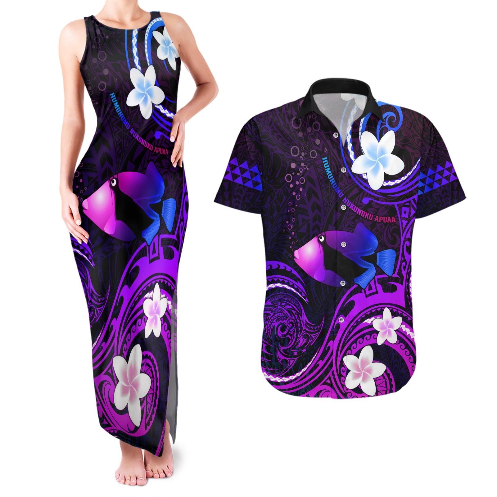 Personalised Hawaii Humuhumu Reef Triggerfish Couples Matching Tank Maxi Dress and Hawaiian Shirt Violet With Plumeria LT05 Violet - Polynesian Pride