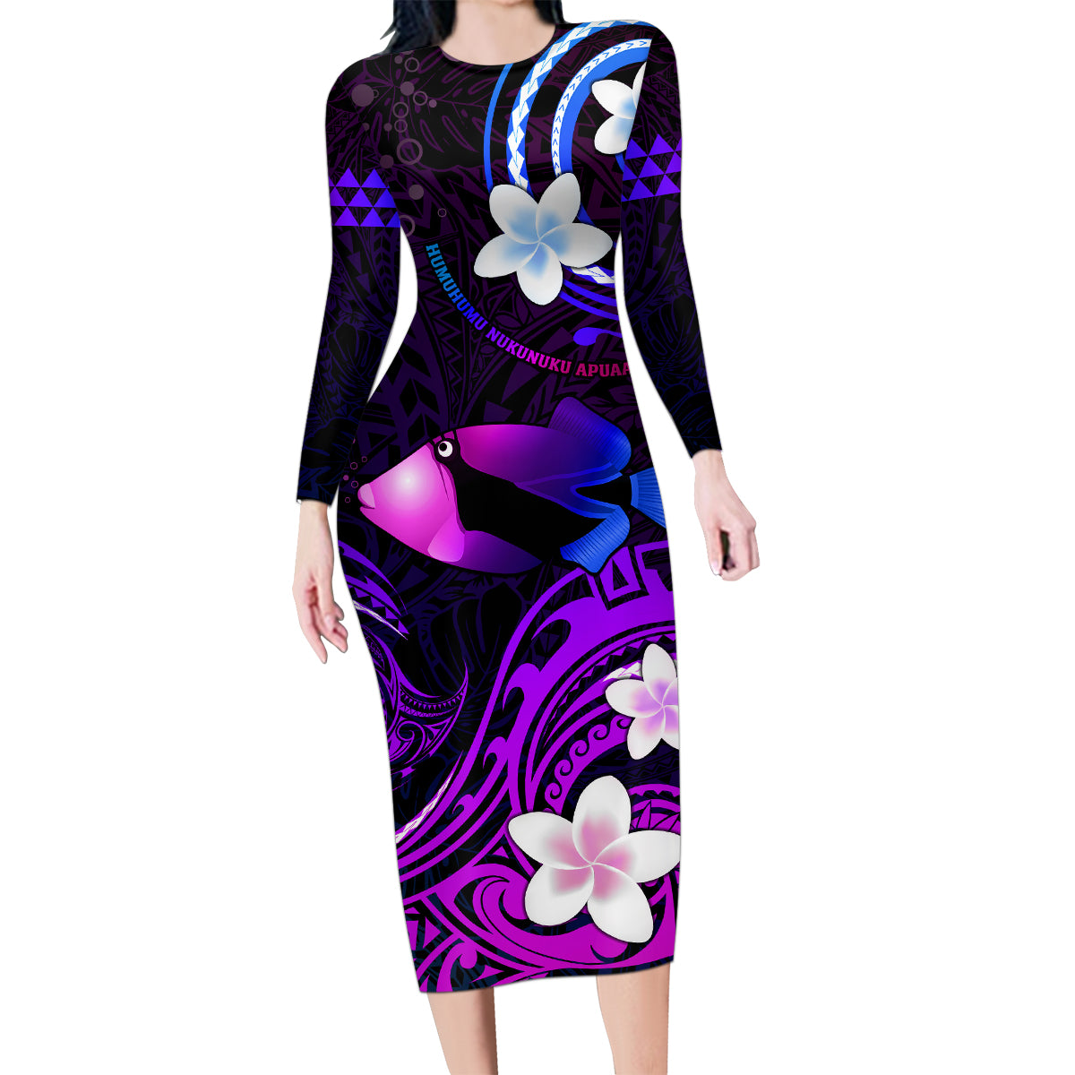 Personalised Hawaii Humuhumu Reef Triggerfish Family Matching Long Sleeve Bodycon Dress and Hawaiian Shirt Violet With Plumeria LT05 Mom's Dress Violet - Polynesian Pride