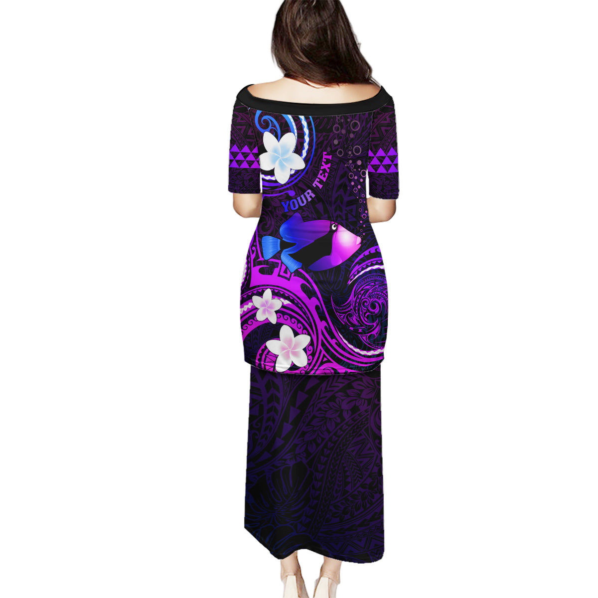 Personalised Hawaii Humuhumu Reef Triggerfish Family Matching Puletasi and Hawaiian Shirt Violet With Plumeria LT05 - Polynesian Pride