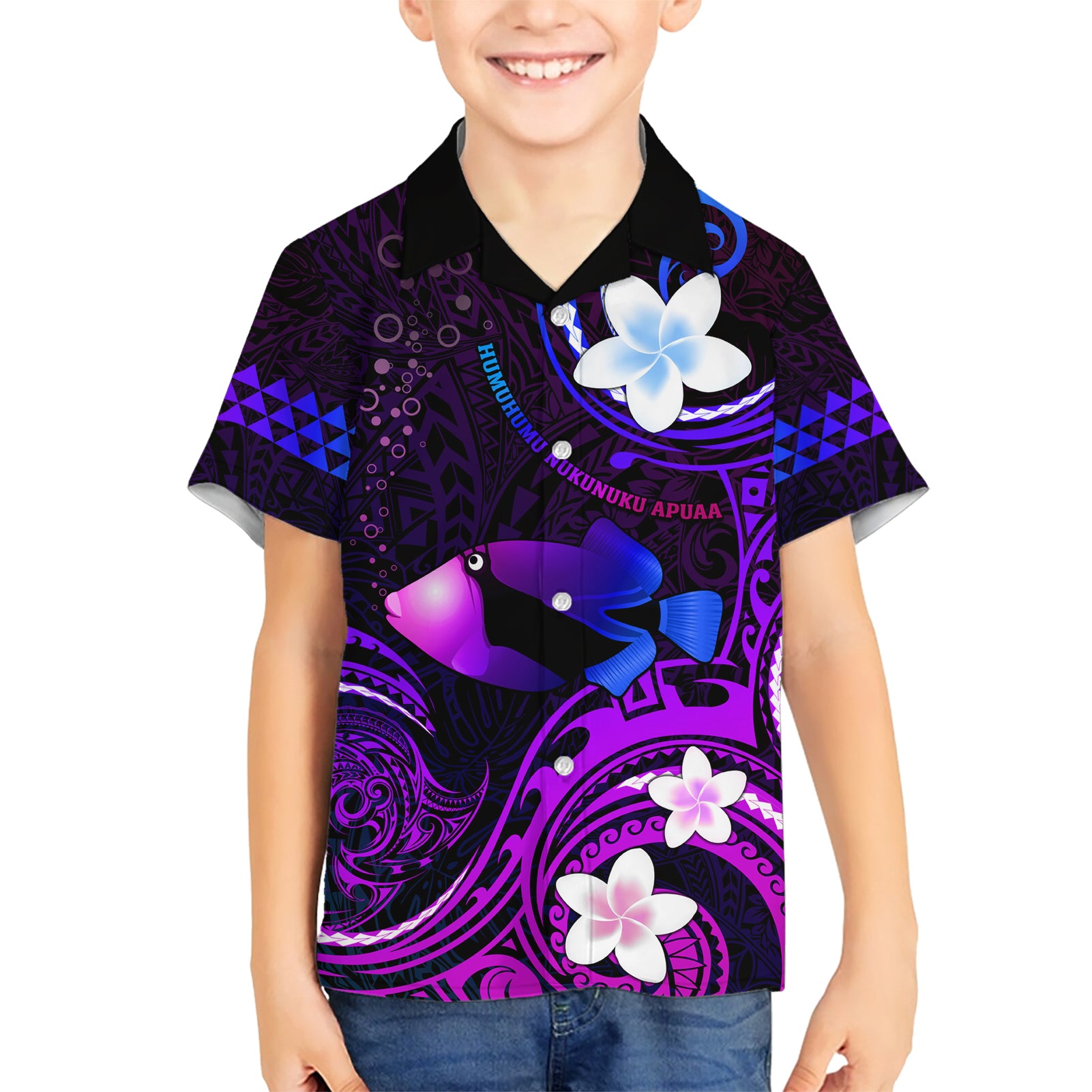 Personalised Hawaii Humuhumu Reef Triggerfish Kid Hawaiian Shirt Violet With Plumeria LT05 Kid Violet - Polynesian Pride