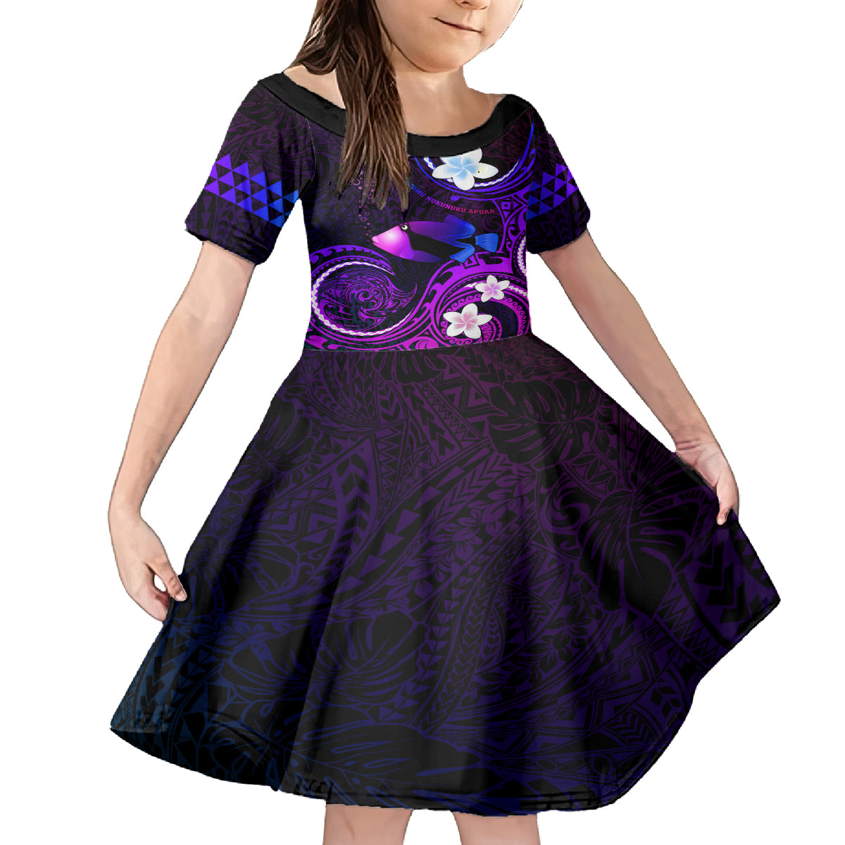 Personalised Hawaii Humuhumu Reef Triggerfish Kid Short Sleeve Dress Violet With Plumeria LT05 KID Violet - Polynesian Pride