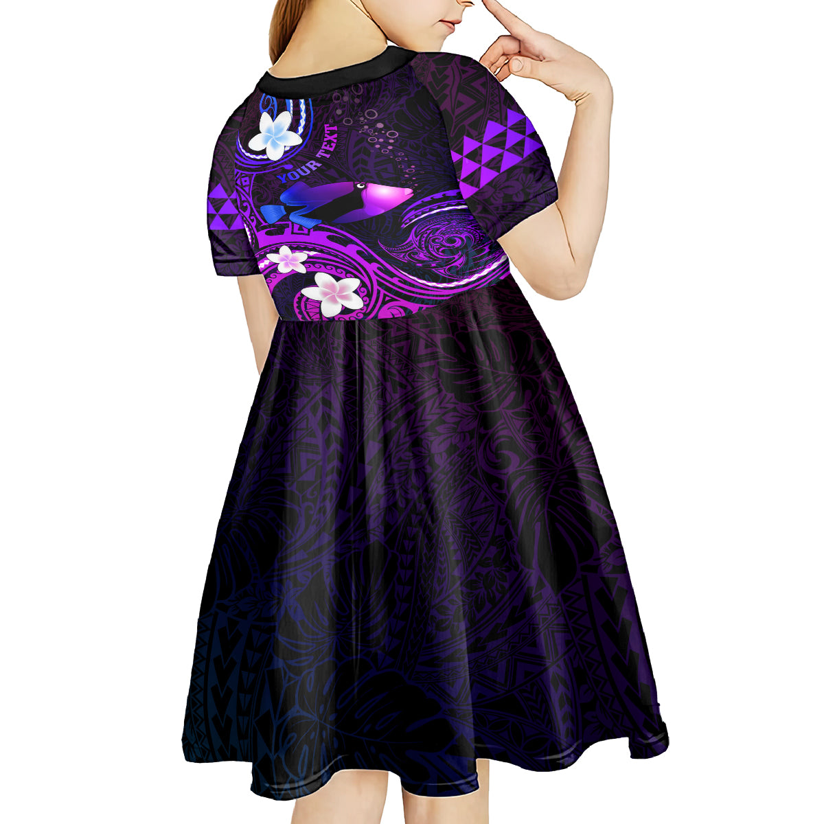 Personalised Hawaii Humuhumu Reef Triggerfish Kid Short Sleeve Dress Violet With Plumeria LT05 - Polynesian Pride