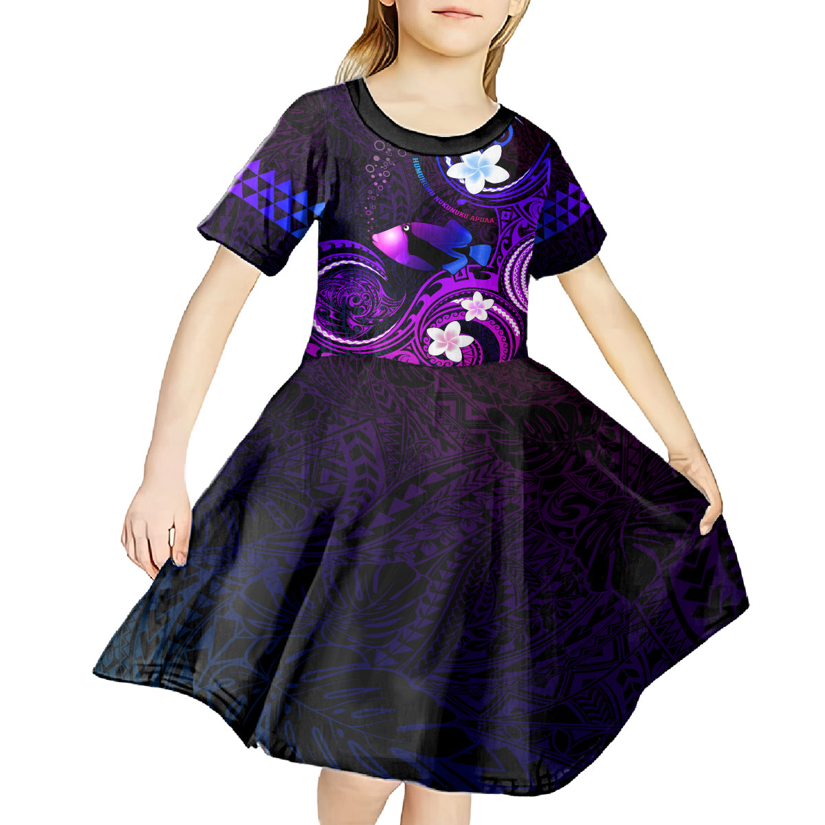 Personalised Hawaii Humuhumu Reef Triggerfish Kid Short Sleeve Dress Violet With Plumeria LT05 - Polynesian Pride