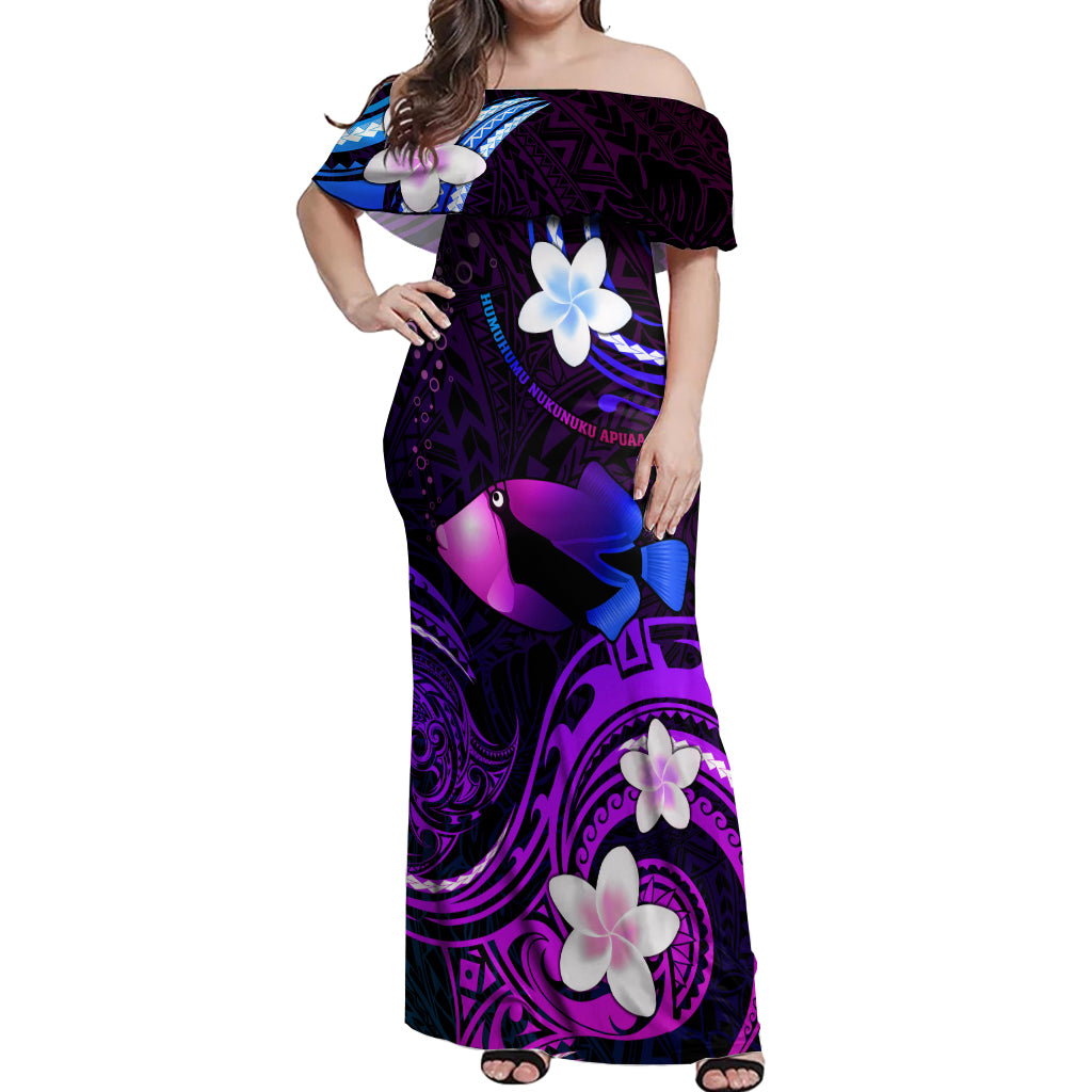 Personalised Hawaii Humuhumu Reef Triggerfish Off Shoulder Maxi Dress Violet With Plumeria LT05 Women Violet - Polynesian Pride