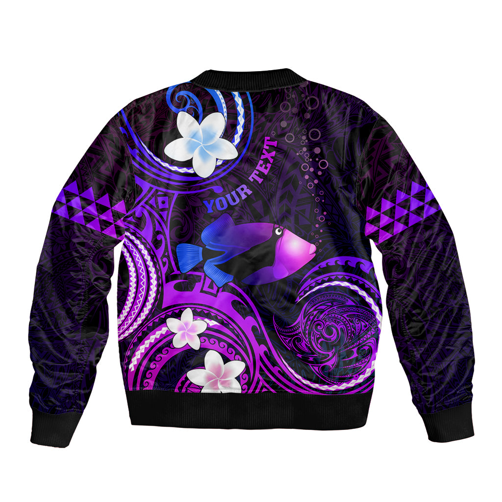 Personalised Hawaii Humuhumu Reef Triggerfish Sleeve Zip Bomber Jacket Violet With Plumeria LT05 - Polynesian Pride