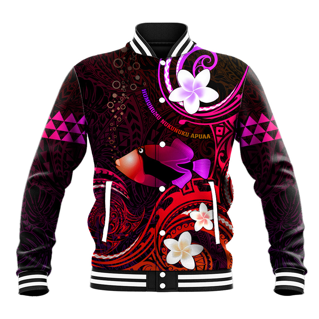 Personalised Hawaii Humuhumu Reef Triggerfish Baseball Jacket Maroon With Plumeria LT05 Unisex Maroon - Polynesian Pride