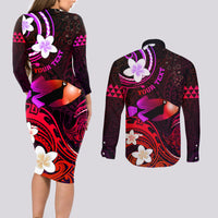 Personalised Hawaii Humuhumu Reef Triggerfish Couples Matching Long Sleeve Bodycon Dress and Long Sleeve Button Shirt Maroon With Plumeria LT05 - Polynesian Pride