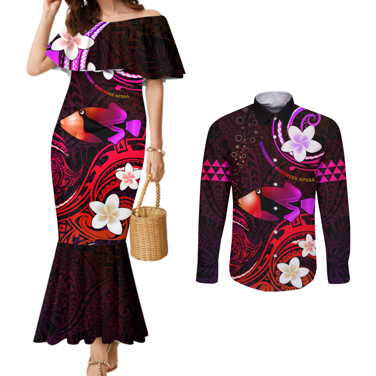 Personalised Hawaii Humuhumu Reef Triggerfish Couples Matching Mermaid Dress and Long Sleeve Button Shirt Maroon With Plumeria LT05 Maroon - Polynesian Pride