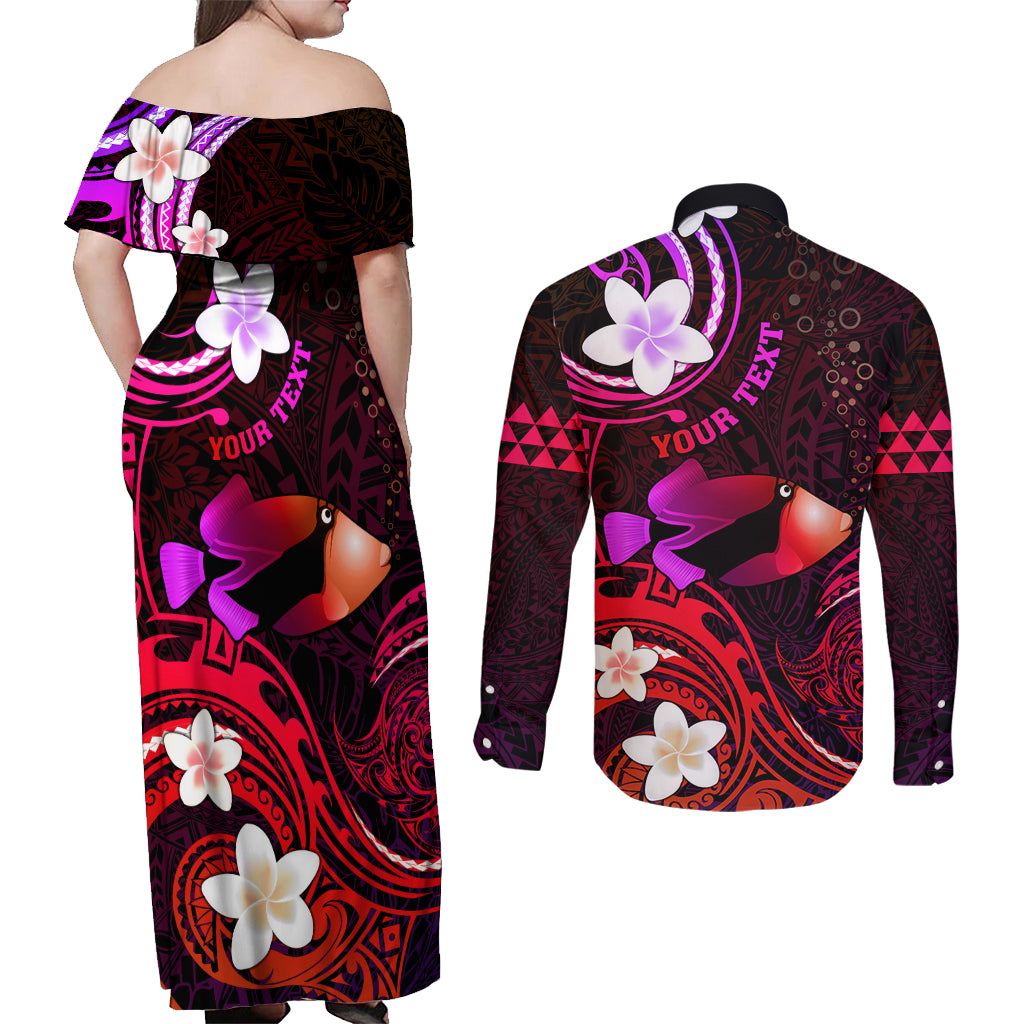 Personalised Hawaii Humuhumu Reef Triggerfish Couples Matching Off Shoulder Maxi Dress and Long Sleeve Button Shirt Maroon With Plumeria LT05 - Polynesian Pride