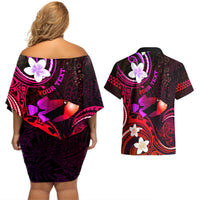 Personalised Hawaii Humuhumu Reef Triggerfish Couples Matching Off Shoulder Short Dress and Hawaiian Shirt Maroon With Plumeria LT05 - Polynesian Pride