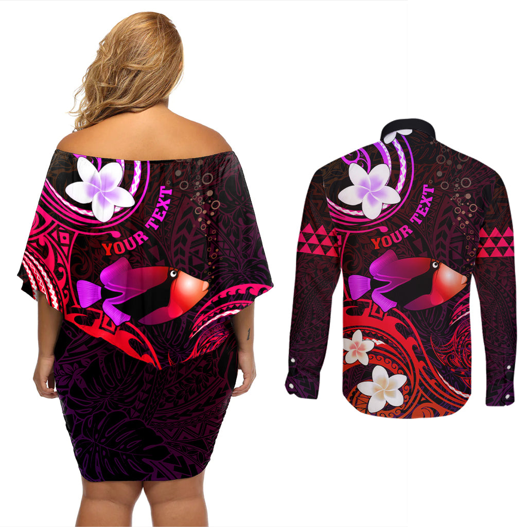 Personalised Hawaii Humuhumu Reef Triggerfish Couples Matching Off Shoulder Short Dress and Long Sleeve Button Shirt Maroon With Plumeria LT05 - Polynesian Pride