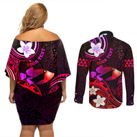 Personalised Hawaii Humuhumu Reef Triggerfish Couples Matching Off Shoulder Short Dress and Long Sleeve Button Shirt Maroon With Plumeria LT05 - Polynesian Pride