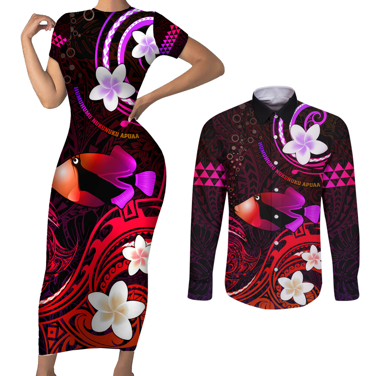 Personalised Hawaii Humuhumu Reef Triggerfish Couples Matching Short Sleeve Bodycon Dress and Long Sleeve Button Shirt Maroon With Plumeria LT05 Maroon - Polynesian Pride