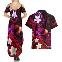 Personalised Hawaii Humuhumu Reef Triggerfish Couples Matching Summer Maxi Dress and Hawaiian Shirt Maroon With Plumeria LT05 - Polynesian Pride