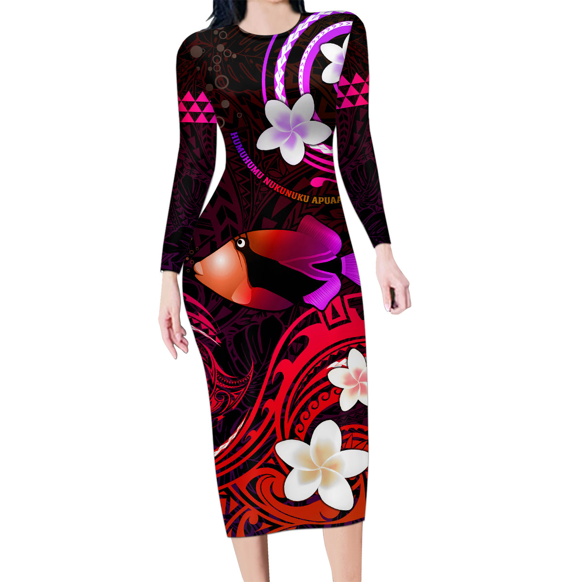 Personalised Hawaii Humuhumu Reef Triggerfish Family Matching Long Sleeve Bodycon Dress and Hawaiian Shirt Maroon With Plumeria LT05 Mom's Dress Maroon - Polynesian Pride