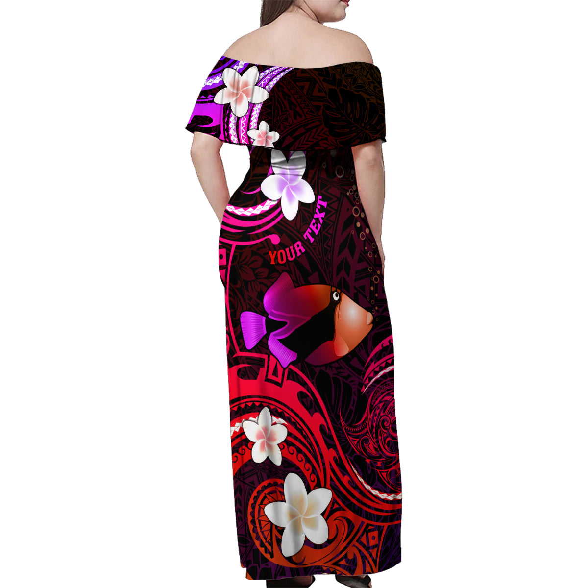 Personalised Hawaii Humuhumu Reef Triggerfish Family Matching Off Shoulder Maxi Dress and Hawaiian Shirt Maroon With Plumeria LT05 - Polynesian Pride