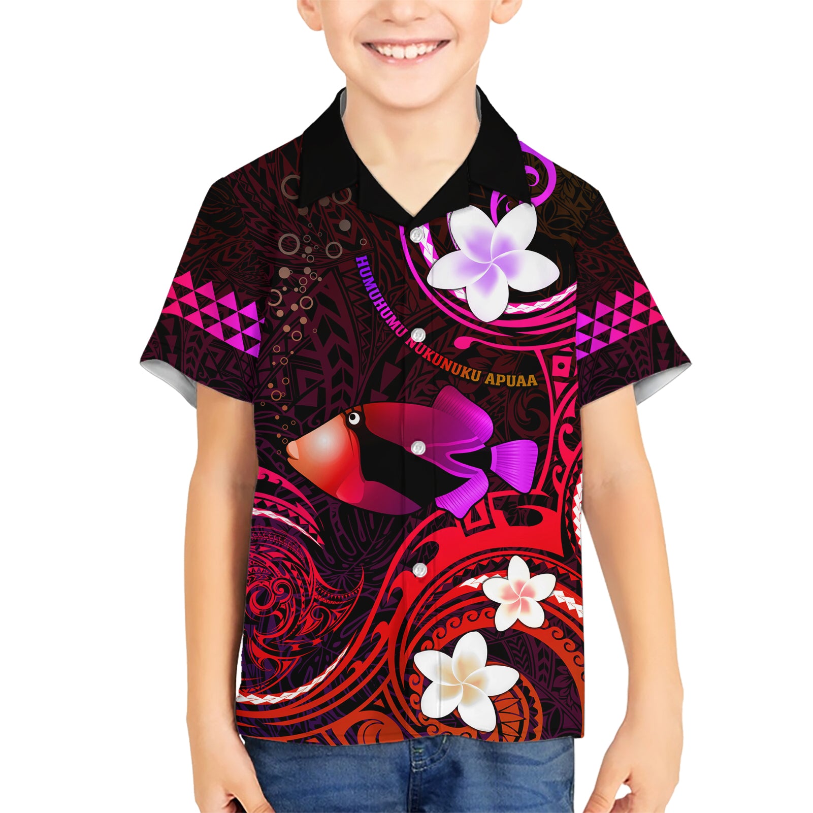 Personalised Hawaii Humuhumu Reef Triggerfish Kid Hawaiian Shirt Maroon With Plumeria LT05 Kid Maroon - Polynesian Pride