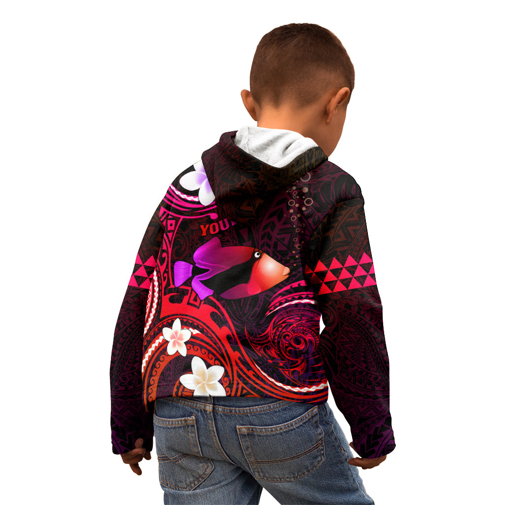 Personalised Hawaii Humuhumu Reef Triggerfish Kid Hoodie Maroon With Plumeria LT05 - Polynesian Pride
