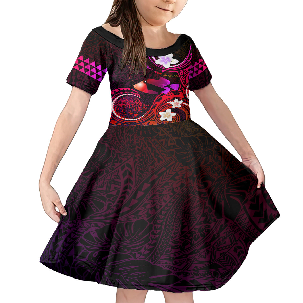 Personalised Hawaii Humuhumu Reef Triggerfish Kid Short Sleeve Dress Maroon With Plumeria LT05 KID Maroon - Polynesian Pride