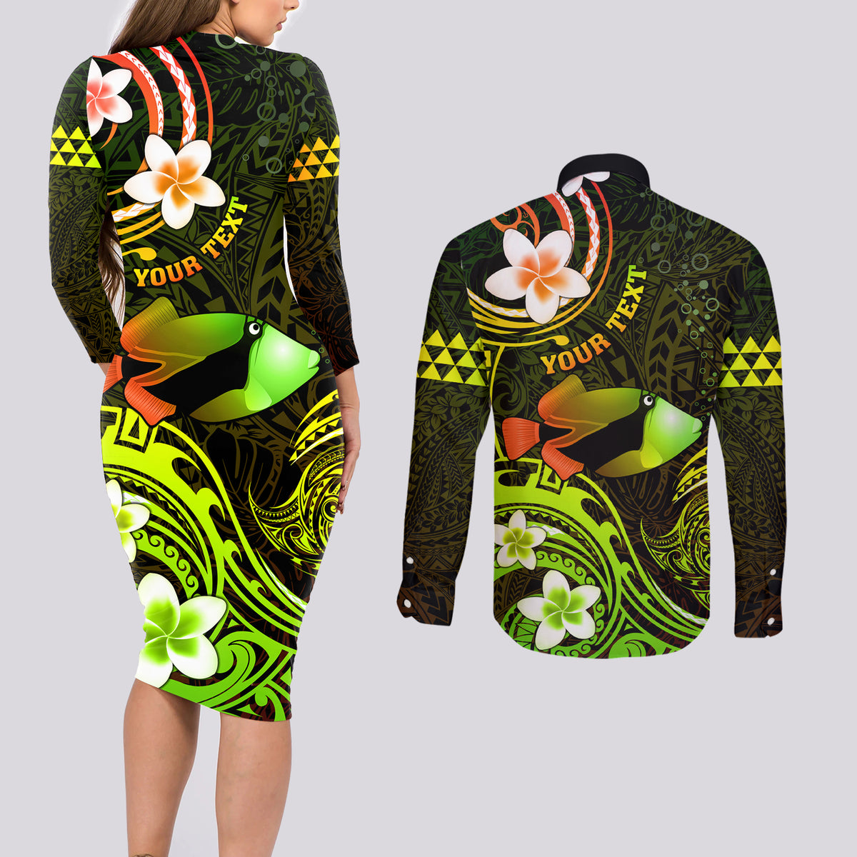 Personalised Hawaii Humuhumu Reef Triggerfish Couples Matching Long Sleeve Bodycon Dress and Long Sleeve Button Shirt Reggae With Plumeria LT05 - Polynesian Pride