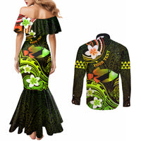 Personalised Hawaii Humuhumu Reef Triggerfish Couples Matching Mermaid Dress and Long Sleeve Button Shirt Reggae With Plumeria LT05 - Polynesian Pride