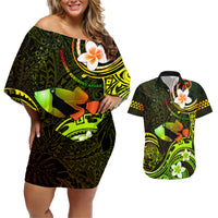 Personalised Hawaii Humuhumu Reef Triggerfish Couples Matching Off Shoulder Short Dress and Hawaiian Shirt Reggae With Plumeria LT05 Reggae - Polynesian Pride