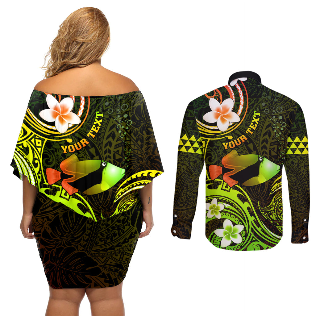 Personalised Hawaii Humuhumu Reef Triggerfish Couples Matching Off Shoulder Short Dress and Long Sleeve Button Shirt Reggae With Plumeria LT05 - Polynesian Pride