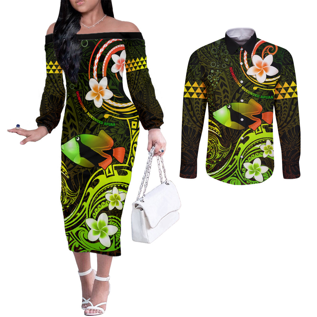 Personalised Hawaii Humuhumu Reef Triggerfish Couples Matching Off The Shoulder Long Sleeve Dress and Long Sleeve Button Shirt Reggae With Plumeria LT05 Reggae - Polynesian Pride