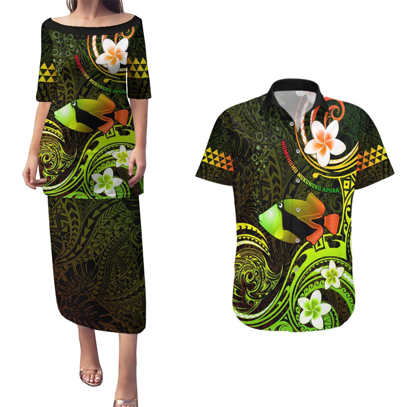Personalised Hawaii Humuhumu Reef Triggerfish Couples Matching Puletasi and Hawaiian Shirt Reggae With Plumeria LT05 Reggae - Polynesian Pride
