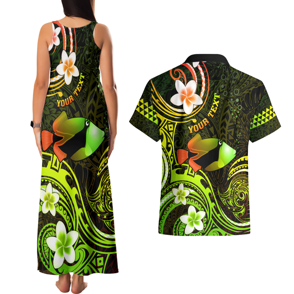 Personalised Hawaii Humuhumu Reef Triggerfish Couples Matching Tank Maxi Dress and Hawaiian Shirt Reggae With Plumeria LT05 - Polynesian Pride