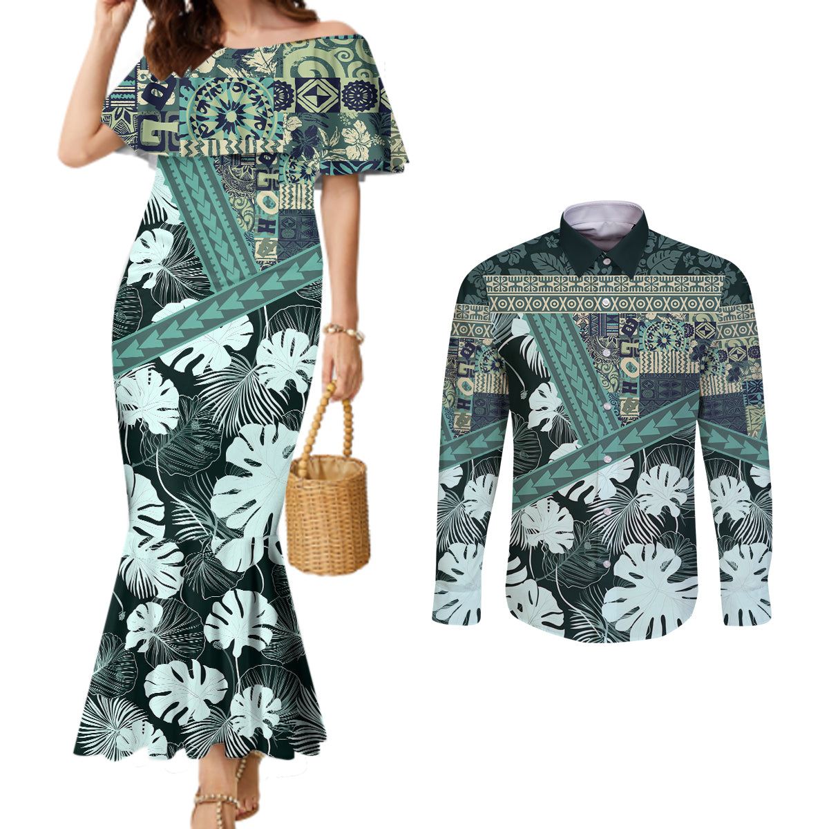 Hawaii Plant Kalo Couples Matching Mermaid Dress and Long Sleeve Button Shirt Hawaiian Tapa Pattern LT05 Green - Polynesian Pride