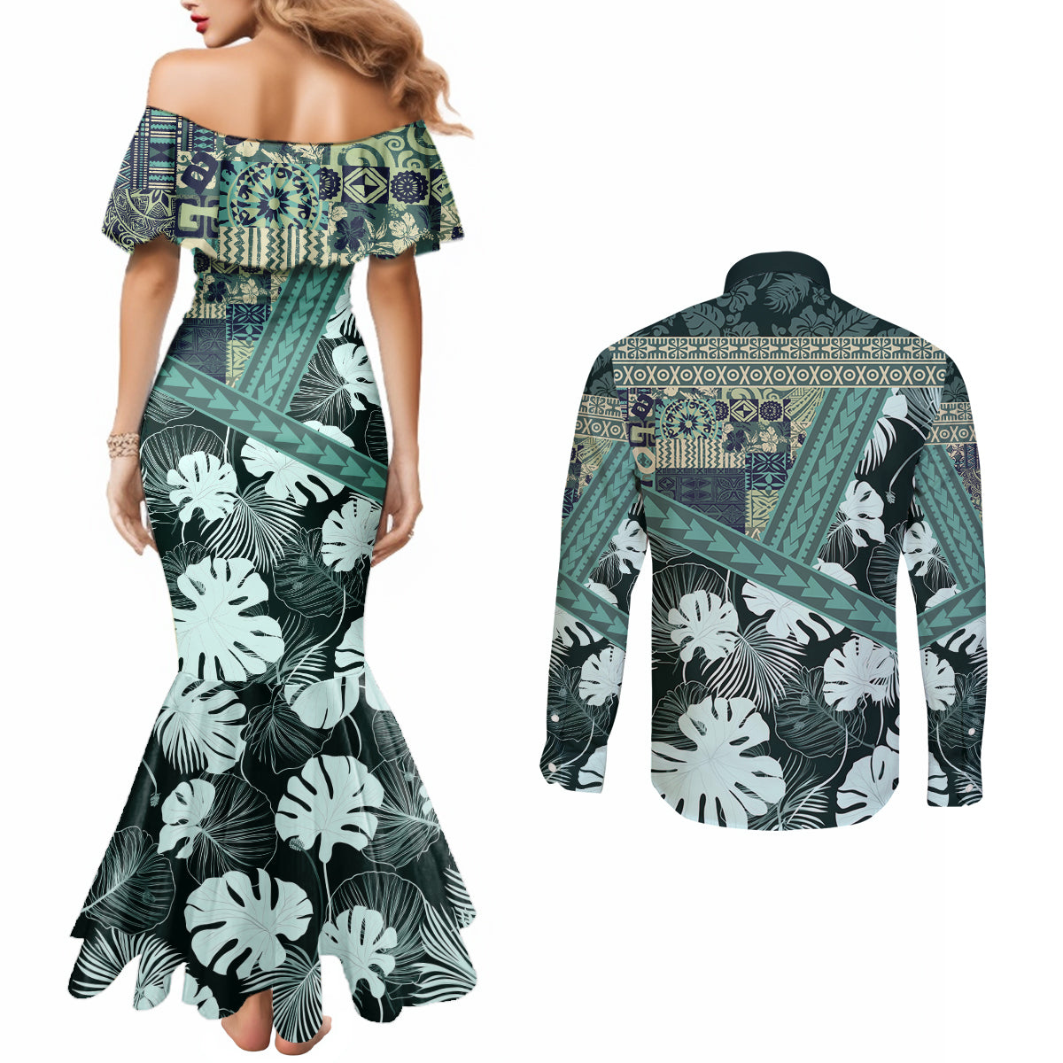 Hawaii Plant Kalo Couples Matching Mermaid Dress and Long Sleeve Button Shirt Hawaiian Tapa Pattern LT05 - Polynesian Pride