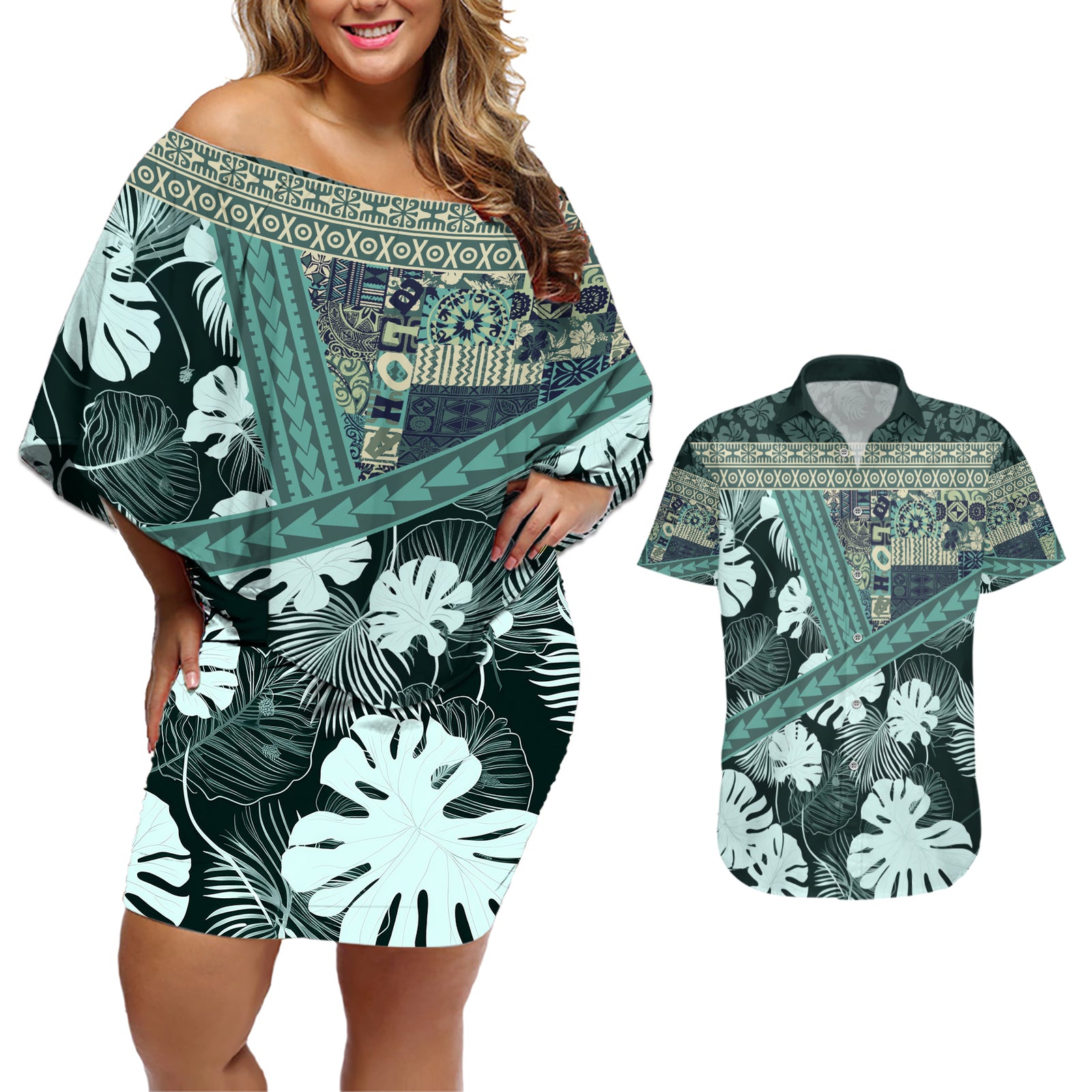 Hawaii Plant Kalo Couples Matching Off Shoulder Short Dress and Hawaiian Shirt Hawaiian Tapa Pattern LT05 Green - Polynesian Pride